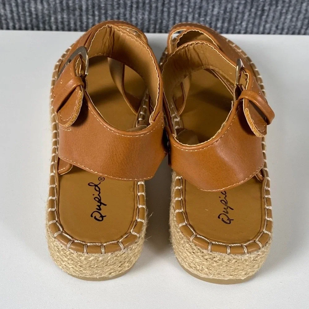 Qupid Tan Faux Leather Espadrille Platform Sandals Strappy Ankle Buckle Size 7.5